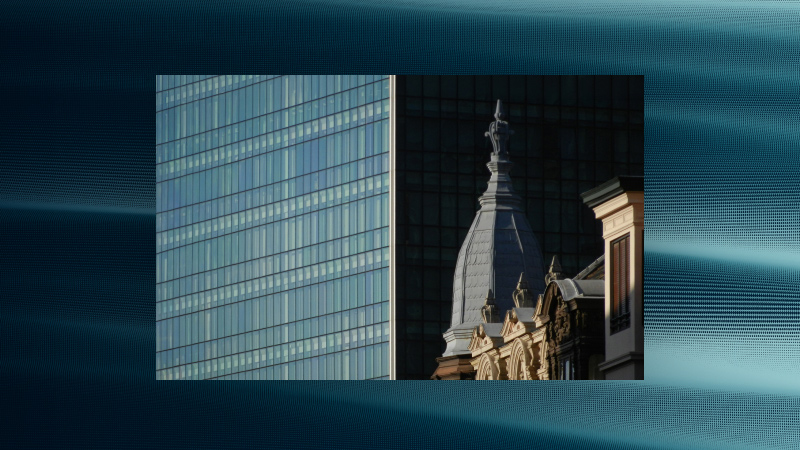 Modern glass office tower contrasted with an ornate historic dome, inset over a teal wave‑textured background.